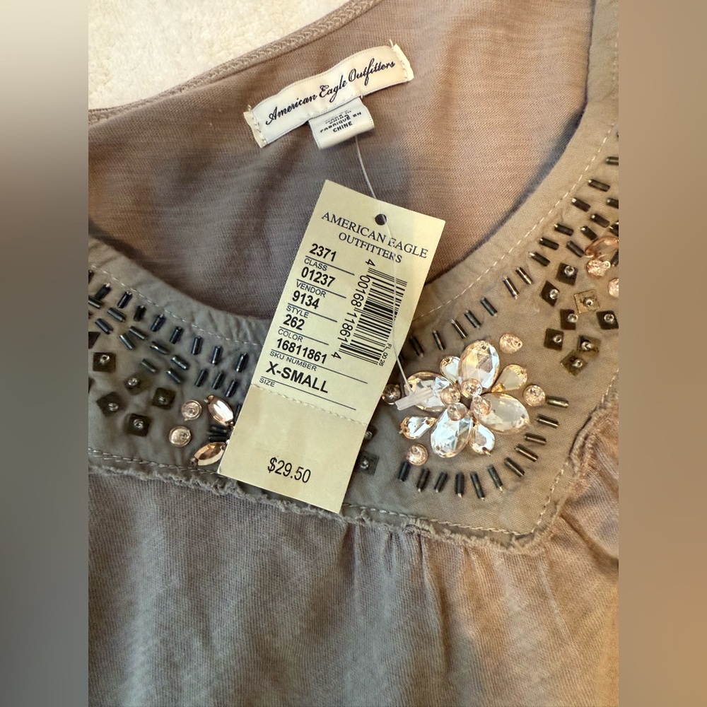 NWT American Eagle Beaded Scoop Neck Blouse – Taupe Gray, Size XS - Picture 6 of 8